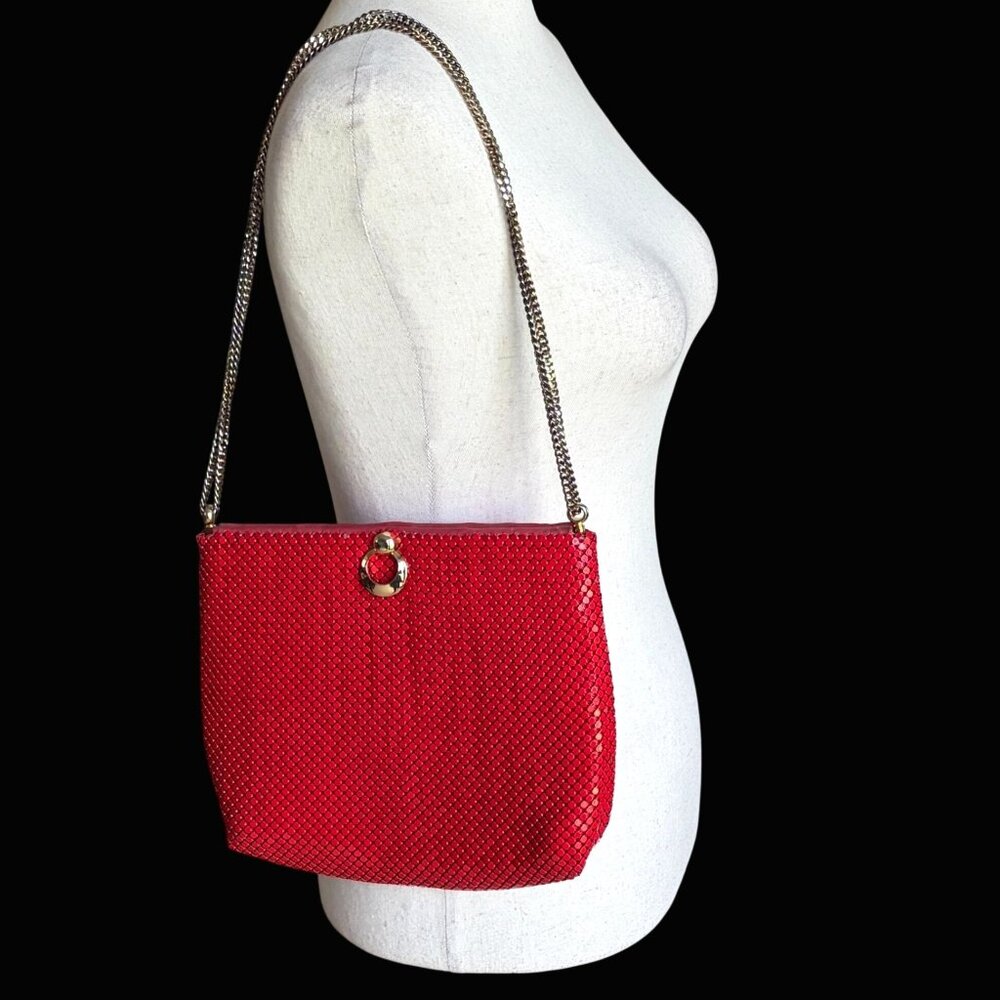 Whiting & Davis Red Metal Mesh Shoulder Bag Gold Chain Kiss Lock Vtg 1920s Purse